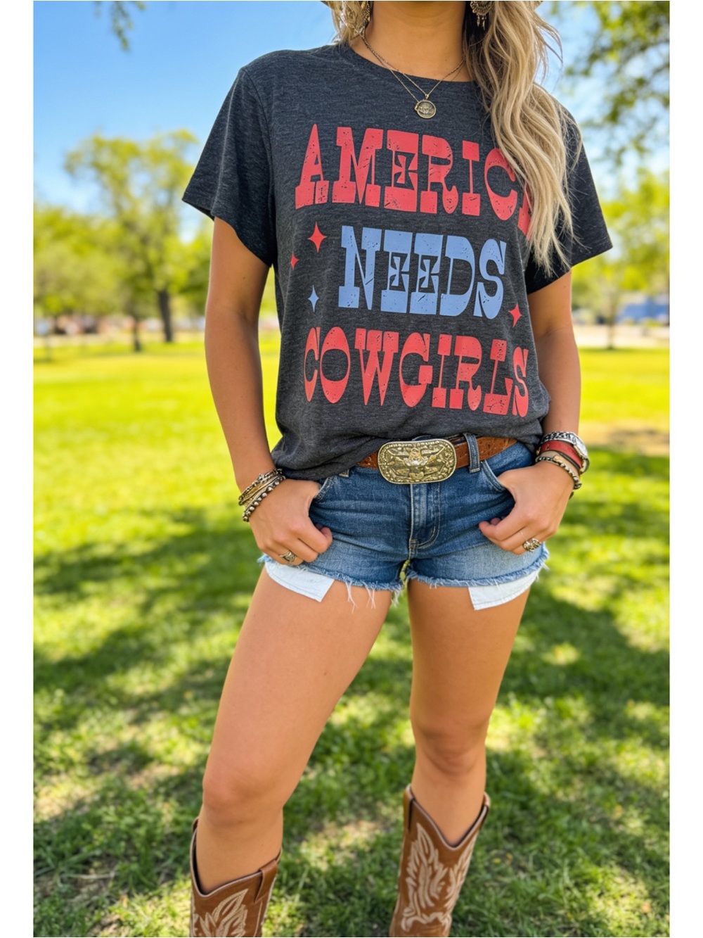 America Needs Cowgirls charcoal grey graphic tee ✨ patriotic print • new!
